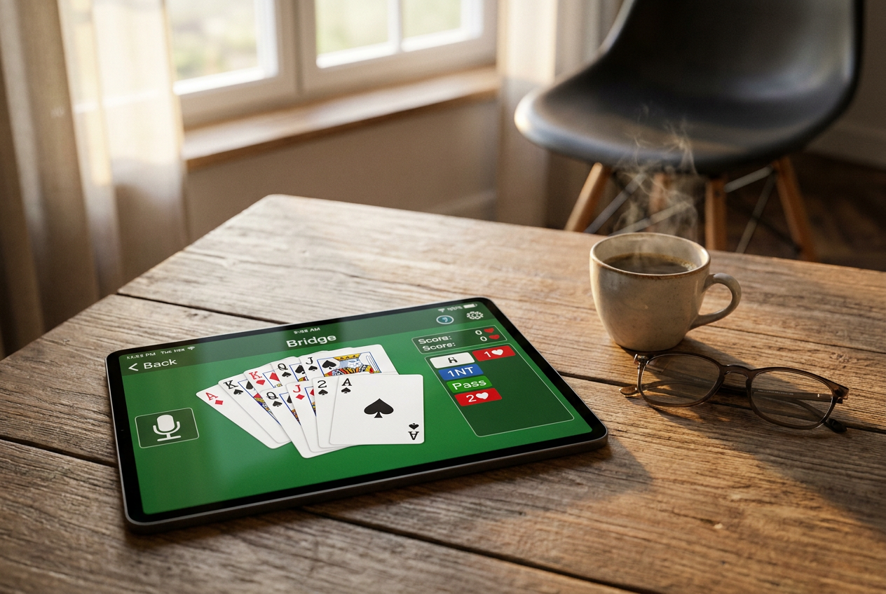 Tablet moderna sobre una mesa de madera mostrando una interfaz digital de Bridge online con cartas y menú de subasta, acompañada de café y gafas. Tablet moderna sobre una mesa de madera mostrando una interfaz digital de Bridge online con cartas y menú de subasta, acompañada de café y gafas.